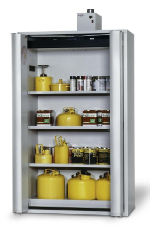 Bezpečnostní skříň s požární odolností 90min, skládací dveře_3x police, 1x spodní záchytná vana, ocelový poplastovaný plech